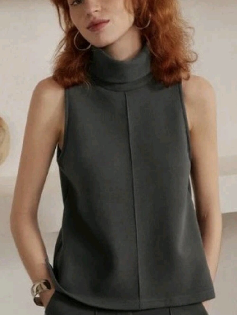 OGL FuzzLuxe Turtle Neck Split Hem Top Dark Gray Sleeveless Wool Blend Sz.L